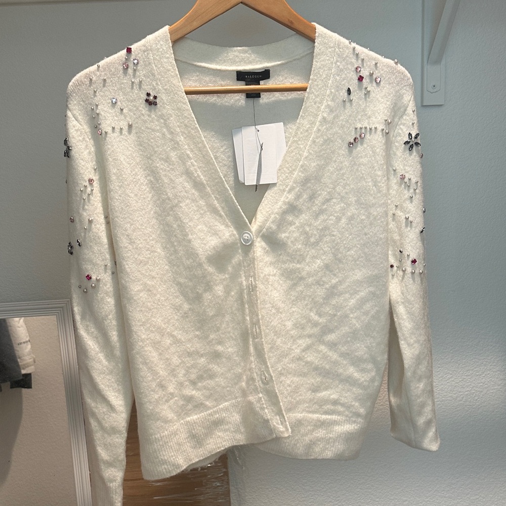 Halogen White Cardigan with Embellishments